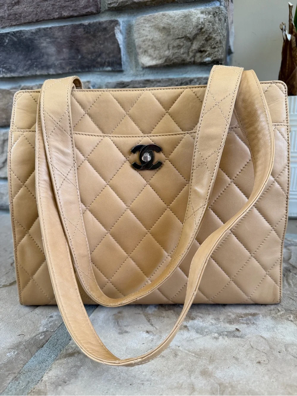 CHANEL Quilted Beige Leather Shoulder Bag with CC Turn-Lock